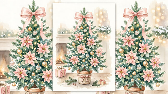 Watercolor Pastel Christmas Tree and Poinsettia Background - Shabby Chic Festive Holiday Backdrop with Ornaments and Gifts
