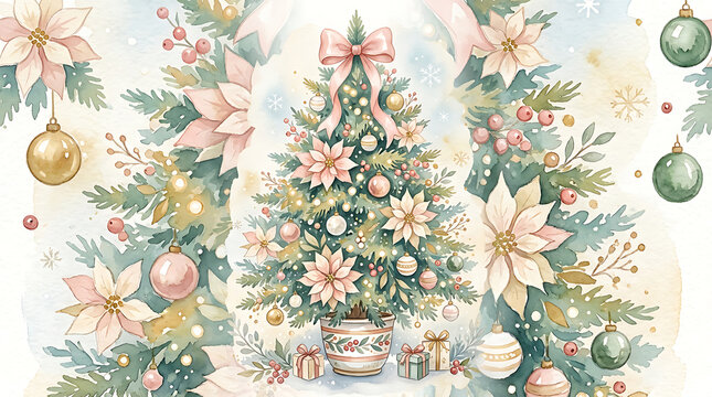 Watercolor Pastel Christmas Tree and Poinsettia Background - Shabby Chic Festive Holiday Backdrop with Ornaments and Gifts