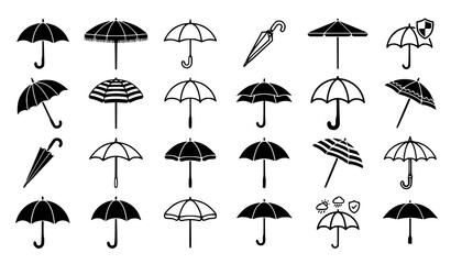 Umbrella Icon Set Vector with Open Umbrellas Beach Parasol and Rain Symbols © Md