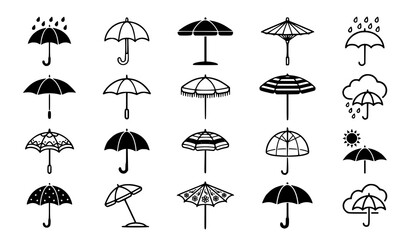Side View Umbrella Icon Set Vector with Beach Parasol and Weather Symbols © Md