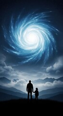 Fototapeta premium Silhouettes of man and child looking at swirling galaxy