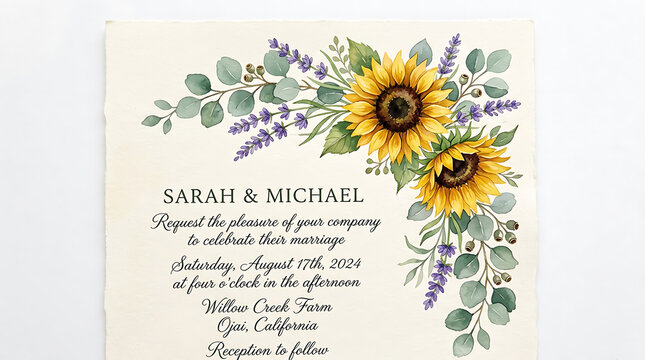 Watercolor Sunflower and Lavender Wedding Invitation Mockup - Rustic Floral Marriage Announcement Card Template