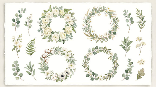 Watercolor White Floral Wreaths and Botanical Elements Clipart Set - Cream Rose, Anemone, Cotton, and Eucalyptus Greenery Collection Isolated on Transparent Background
