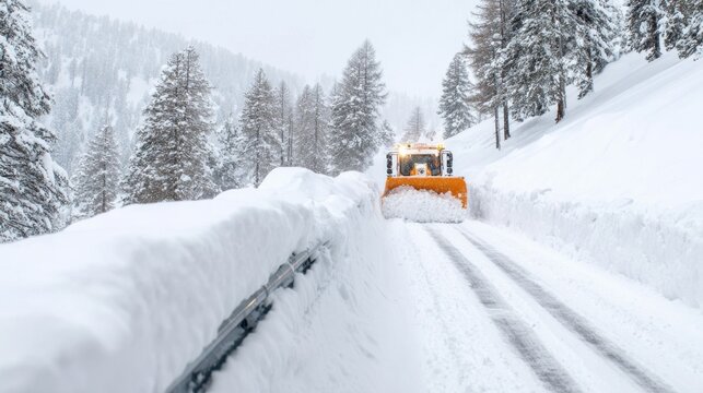 Orange snow plow clearing heavy snow on mountain forest road during snowfall for winter maintenance safety design poster background