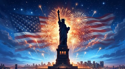Fototapeta premium Statue of Liberty Silhouette with Patriotic Fireworks and American Flag Background