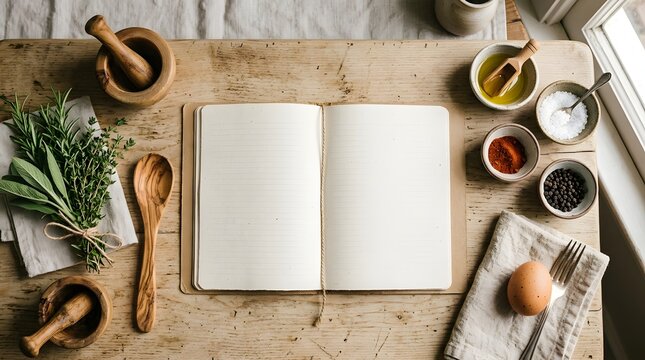 Open blank recipe book on a rustic wooden kitchen table with fresh herbs, spices, an egg, and kitchen utensils