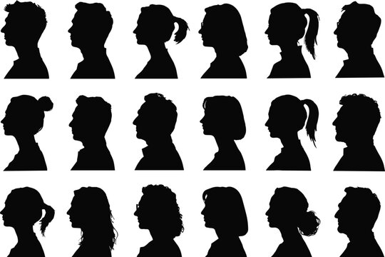 Collection of diverse human head profile silhouettes set, men and women side view avatars with different hairstyles, minimal black shadow portraits for identity, design, and social concepts