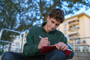 Obraz premium Young student writing in red notebook outdoors, concentrating on studying or creating a new idea