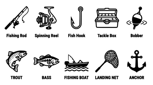 Fishing Icons Set with Rod, Spinning Reel, Fish Hook, Tackle Box, Bobber, Trout, Bass, Fishing Boat, Landing Net, Anchor