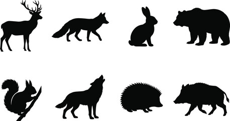 Fototapeta premium Set of wild forest animal silhouettes featuring deer, fox, rabbit, bear, squirrel, wolf, hedgehog, and boar