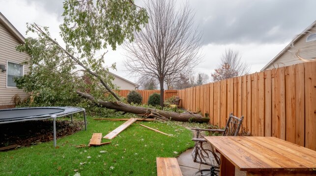 Residential backyard storm damage with fallen tree and broken fence for insurance claim, disaster report and design background