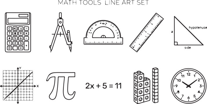 Collection of math tools and symbols for education and learning including calculator compass protractor ruler.