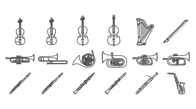 Collection of Vintage Musical Instruments, Orchestra Instruments Line Art
