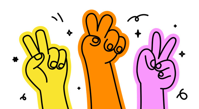 Vector hand drawn gesture, doodle sketchy illustration, three hands showing peace and victory signs