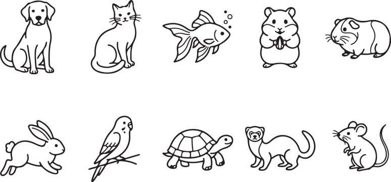 Domestic pets line art collection featuring dog cat fish hamster guinea pig rabbit parrot turtle ferret mouse black and white vector.