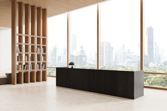 Modern interior lobby with long dark reception desk, tall wooden shelves and panoramic city view through large windows in bright minimalist space. 3D Rendering
