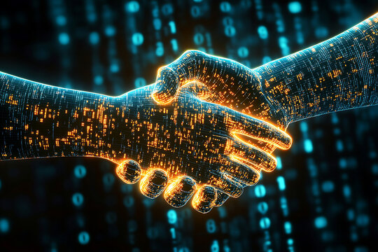 Digital handshake symbolizing technology driven business partnership collaboration and trust.