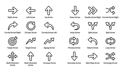 Fototapeta premium Arrows and navigation symbols set featuring diverse line art directional icons including right left curved spiral zigzag multi direction loop and split arrows.