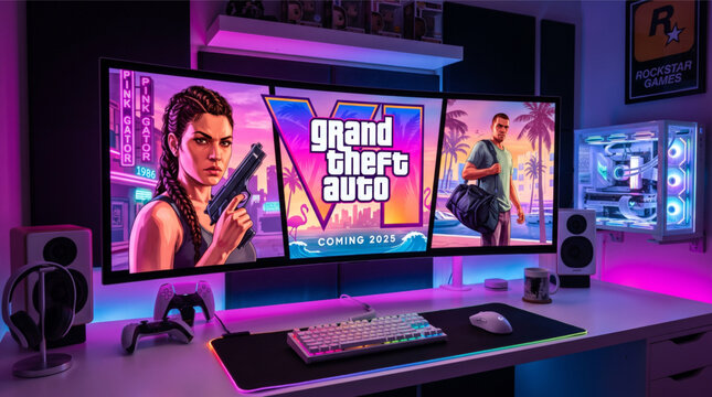 Grand Theft Auto VI (GTA 6) logo and character artwork on an ultra-wide PC monitor inside a modern white gaming room setup with RGB lighting, mechanical keyboard, mouse, and a PS5 controller.
