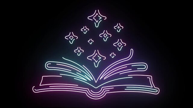 Neon glowing magic book icon animation with vibrant sparkling particles rising from open pages set on a solid dark background for creative digital projects and fantasy themed video production concepts