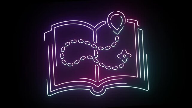 Neon Line Art Animation Showing An Open Book Icon With A Dotted Travel Path Connecting A Navigation Pin Point On A Dark Background Representing Educational Journey Guidance And Academic Exploration Co