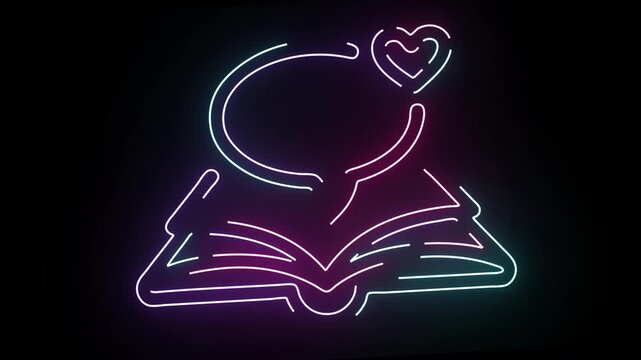 Vibrant Neon Book Icon With Speech Bubble And Heart Symbol Glowing On Dark Background For Modern Education And Literature Concepts Featuring Smooth Animation And Minimalist Digital Graphic Illustratio