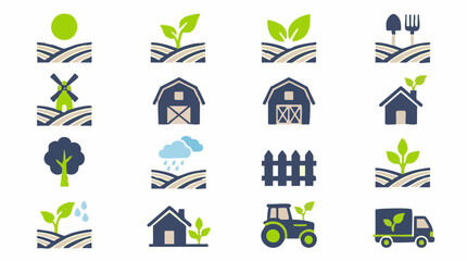 Agriculture and farming icons set with plants, buildings, and machinery © Aesthetica