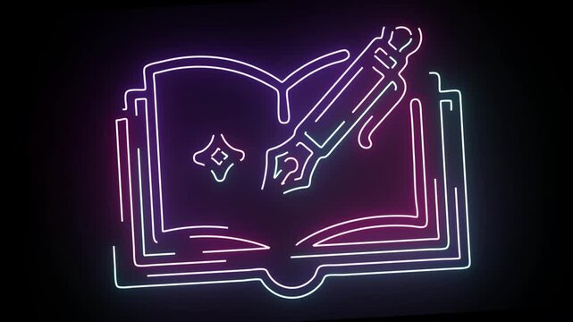 Glowing Neon Open Book Icon With A Fountain Pen Animation On Dark Background Featuring Vibrant Purple And Blue Electric Light Strokes Creating A Modern Stylized Concept Of Education Literature And Wri