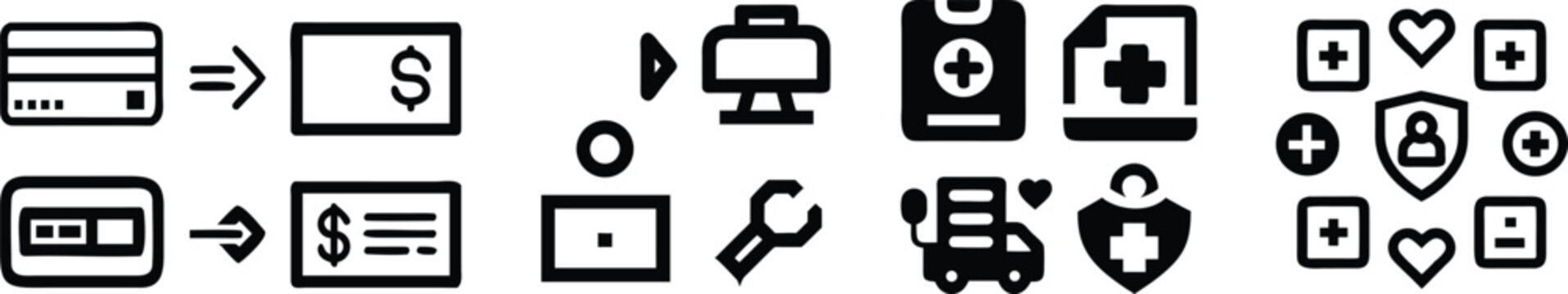 Set of black illustrating financial transactions, credit cards, medical services, healthcare support, and security shield