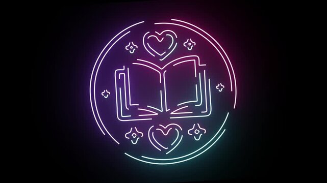 Abstract Glowing Neon Animation Featuring A Symmetrical Book Icon Surrounded By Hearts And Sparkling Symbols With Shifting Multicolor Gradient Light Effects Set Against A Dark Deep Solid Background