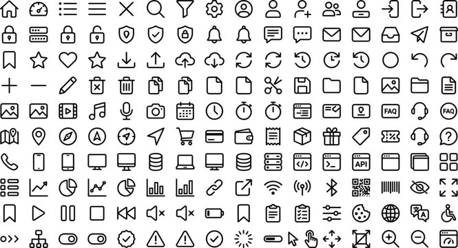 Comprehensive user interface essential outline line icon set featuring web navigation business data charts communication media and security symbols