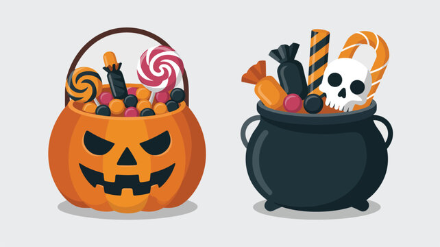 Spooky pumpkin basket and dark cauldron bursting with Halloween candy and a sinister skull