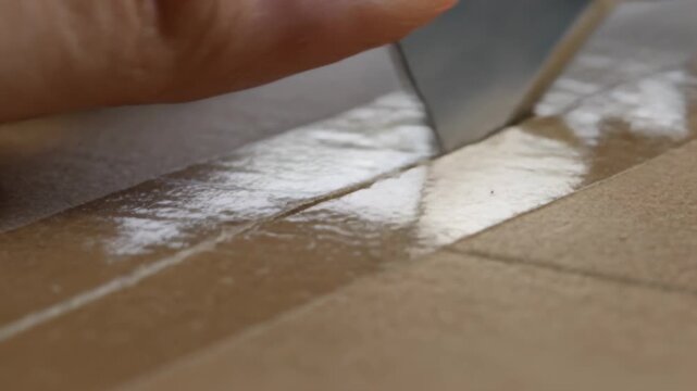 Blade aligning seam, hand cutting with cutter along brown board opening seam, thumb holding tape