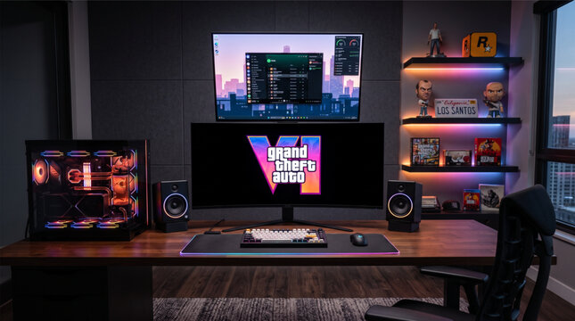 Grand Theft Auto VI (GTA 6) logo on ultra-wide curved monitor in high-end gaming room setup with custom liquid-cooled PC, RGB lighting, dual screens, gaming chair, and Rockstar Games collectibles.