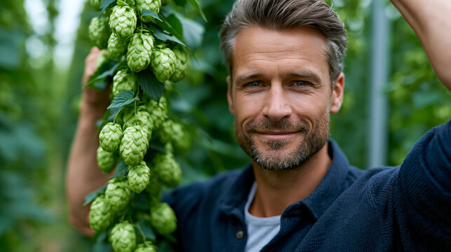 Photorealistic close-up harvest scene in a hop garden during late summer, farmer visible from mid-torso, both hands reaching up to pull down long bine of ripe hop cones from tall w