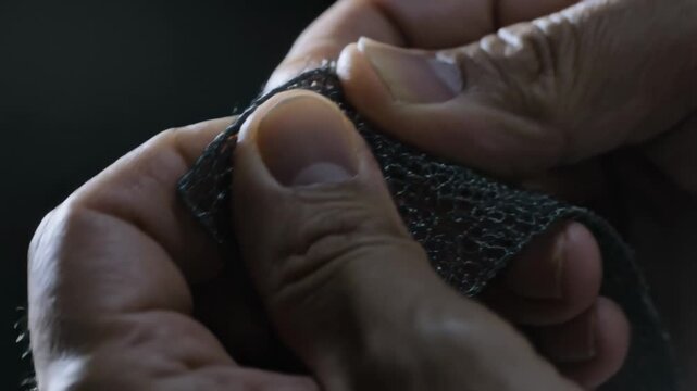 Inspecting male hands handling mesh fabric in dim studio, showing texture with soft side lighting