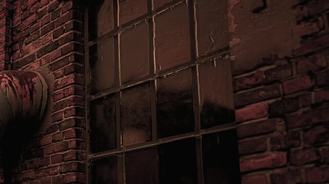 A large window is set in an old brick wall. The light fades as dusk settles. The wall shows signs of wear with peeling paint. A pipe runs alongside the wall adding to the urban feel.