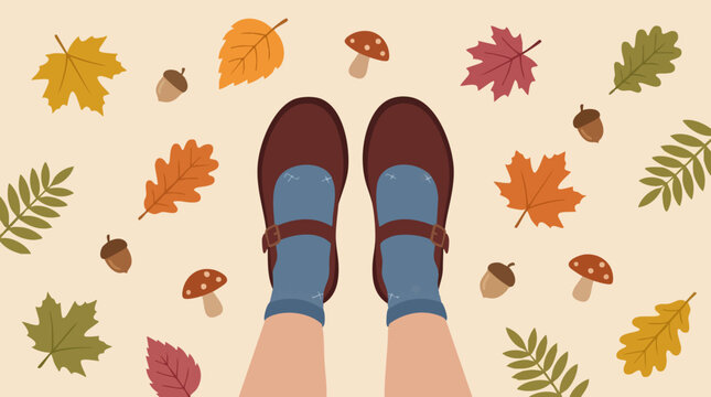 Autumn Flat Lay: Feet in Shoes and Socks with Fall Leaves and Acorns
