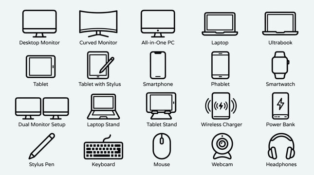 Collection of line art icons representing various electronic devices and computer peripherals for technology and digital concepts.