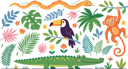 Obraz premium Colorful Jungle Animals and Tropical Plants Illustration on Black Background.