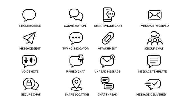 Collection of message and chat icons, suitable for communication apps, social media interfaces, and digital interaction concepts.