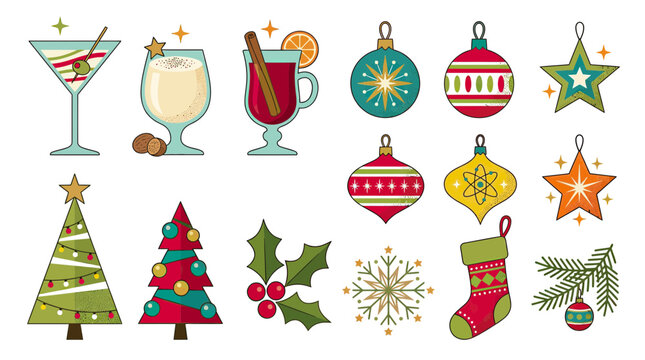 Christmas Drinks, Ornaments, Trees, Holly, Stocking, Snowflake & Fir Branch Icons