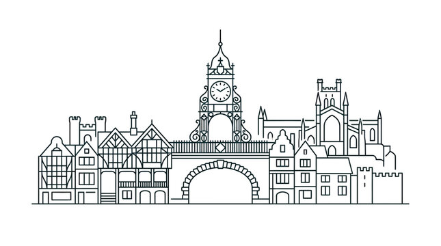 Historic City Skyline Outline: Clock Tower, Bridge, and Tudor Buildings