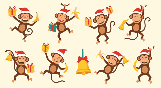 Cartoon vector set of playful brown monkeys wearing red Santa hats, holding wrapped Christmas gifts, yellow bananas, and gold bells; festive primate characters on a beige background.