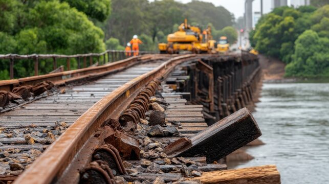 Rusty damaged railway bridge with derailed tracks and construction crews, heavy machinery for infrastructure and engineering design
