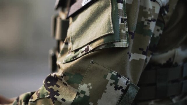 Adjusting torso in digital camo vest at urban backdrop, responding to strap tug near sleeve pocket