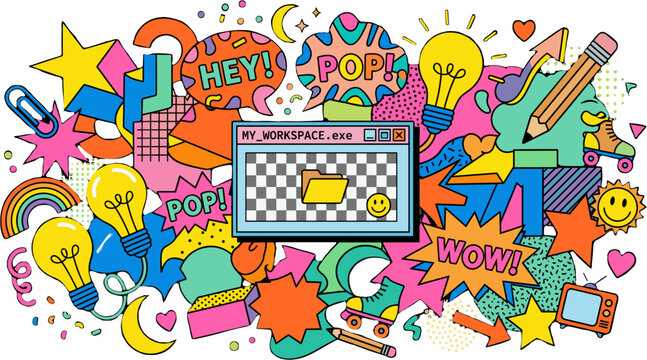 Colorful Pop Art Doodle Illustration with Retro Computer Window and Creative Symbols.