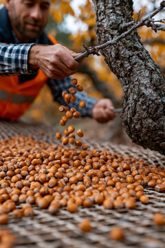 Photorealistic close-up harvest scene in a hazelnut orchard, farmer visible from waist, both hands shaking a branch while ripe hazelnuts fall to a collection net spread below on th