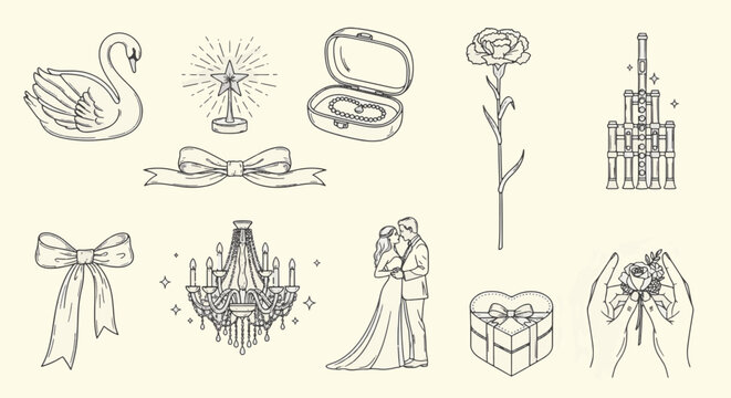 Prom night line art icons featuring a dancing couple in formal wear, crystal chandelier, swan, star trophy, jewelry box, carnation flower, heart gift box, and decorative ribbon bows.