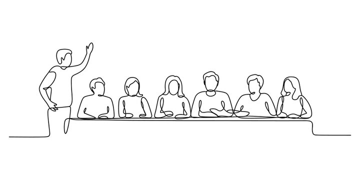Continuous line drawing Business team in a meeting with a leader standing and talking